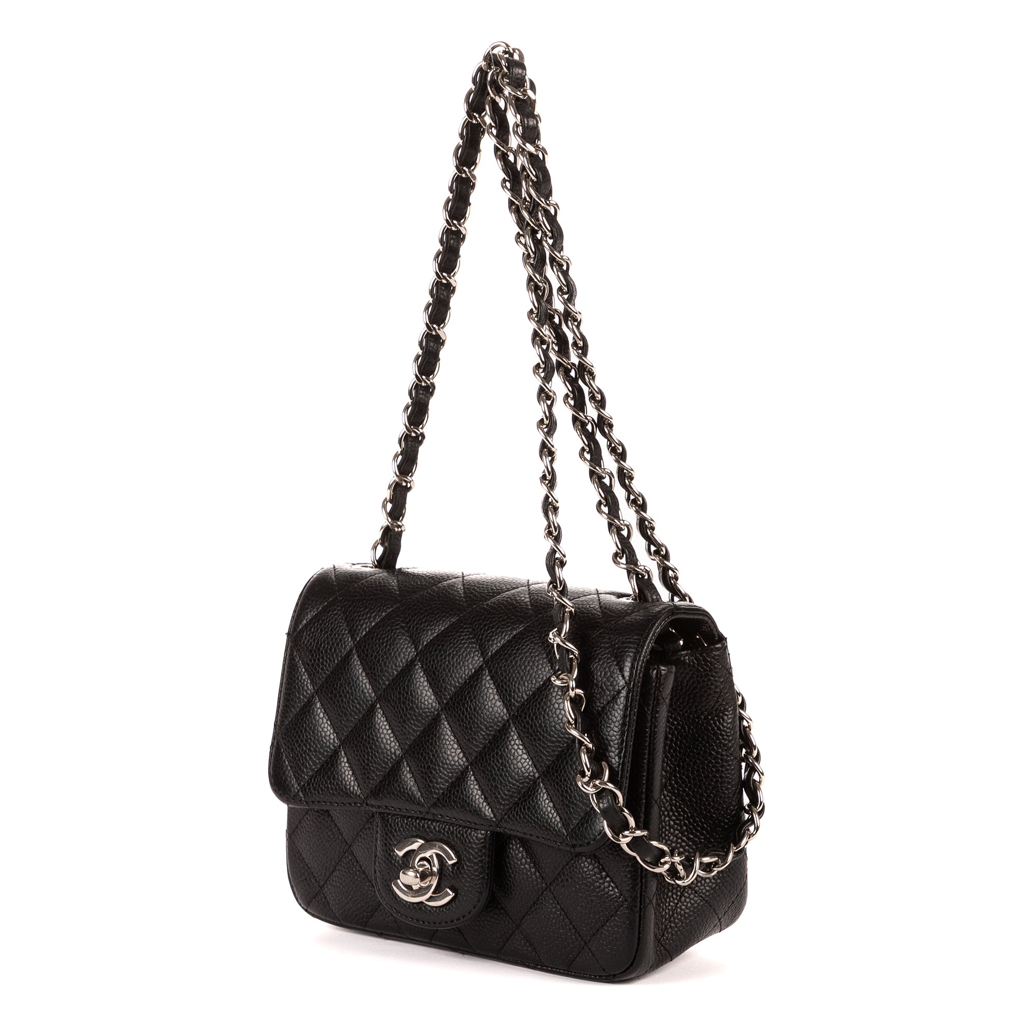 Bolso de Hombro Clásico Mini Solapa Piel Granulada Negra Caviar
