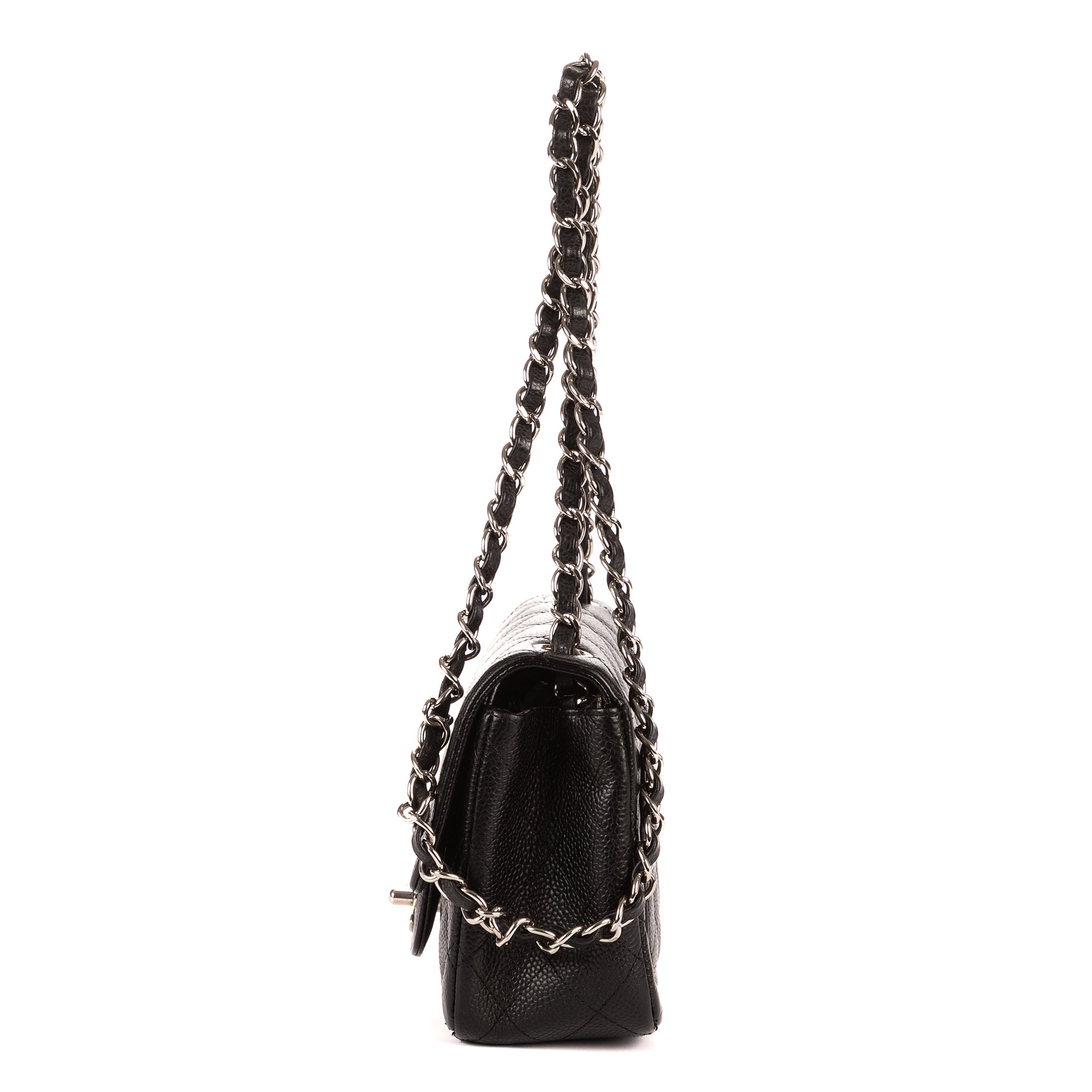 Bolso de Hombro Clásico Mini Solapa Piel Granulada Negra Caviar