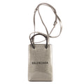 Sac shopping bandoulière format vertical porte-téléphone gris en cuir verni pailleté