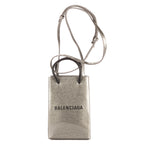 Sac shopping bandoulière format vertical porte-téléphone gris en cuir verni pailleté