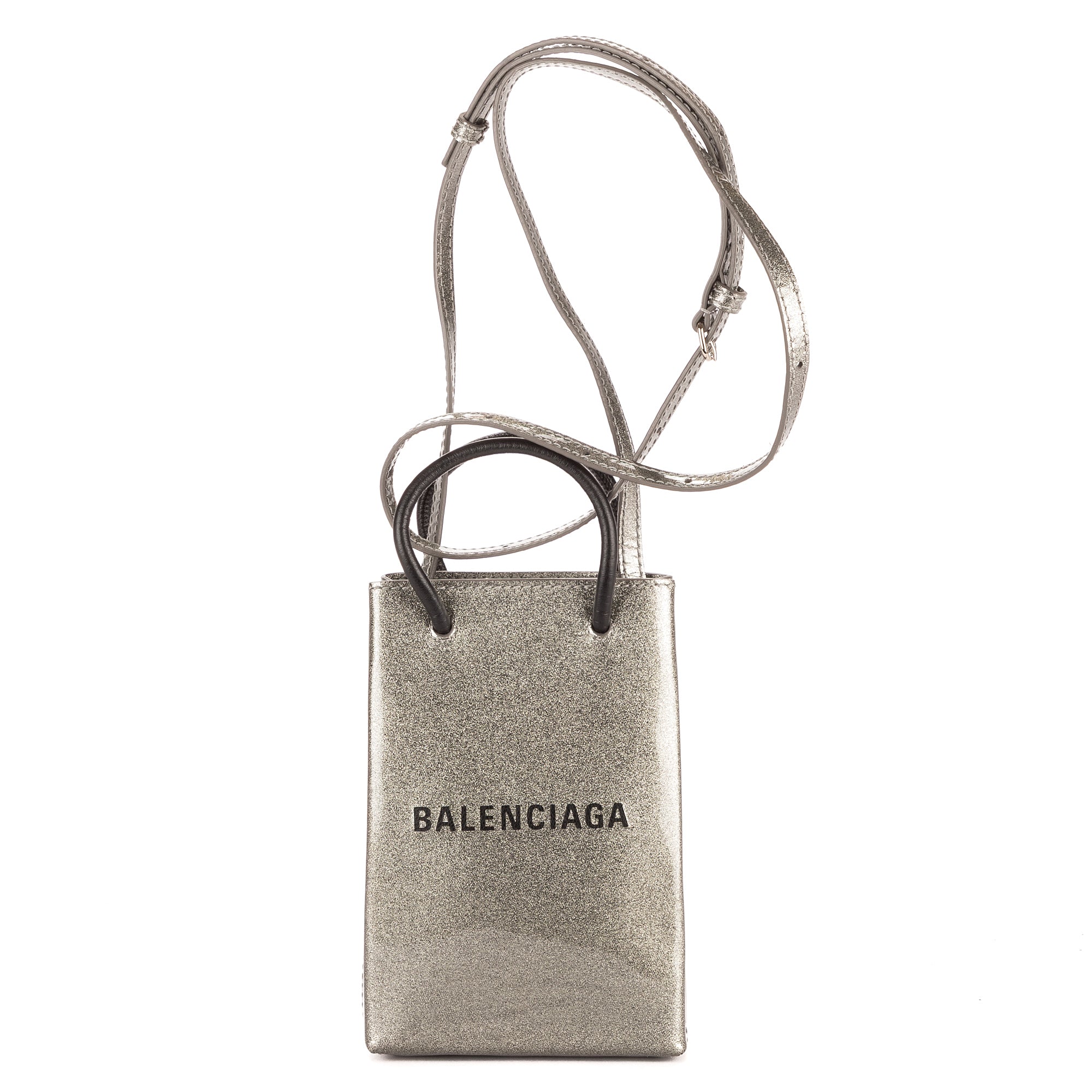 Sac shopping bandoulière format vertical porte-téléphone gris en cuir verni pailleté