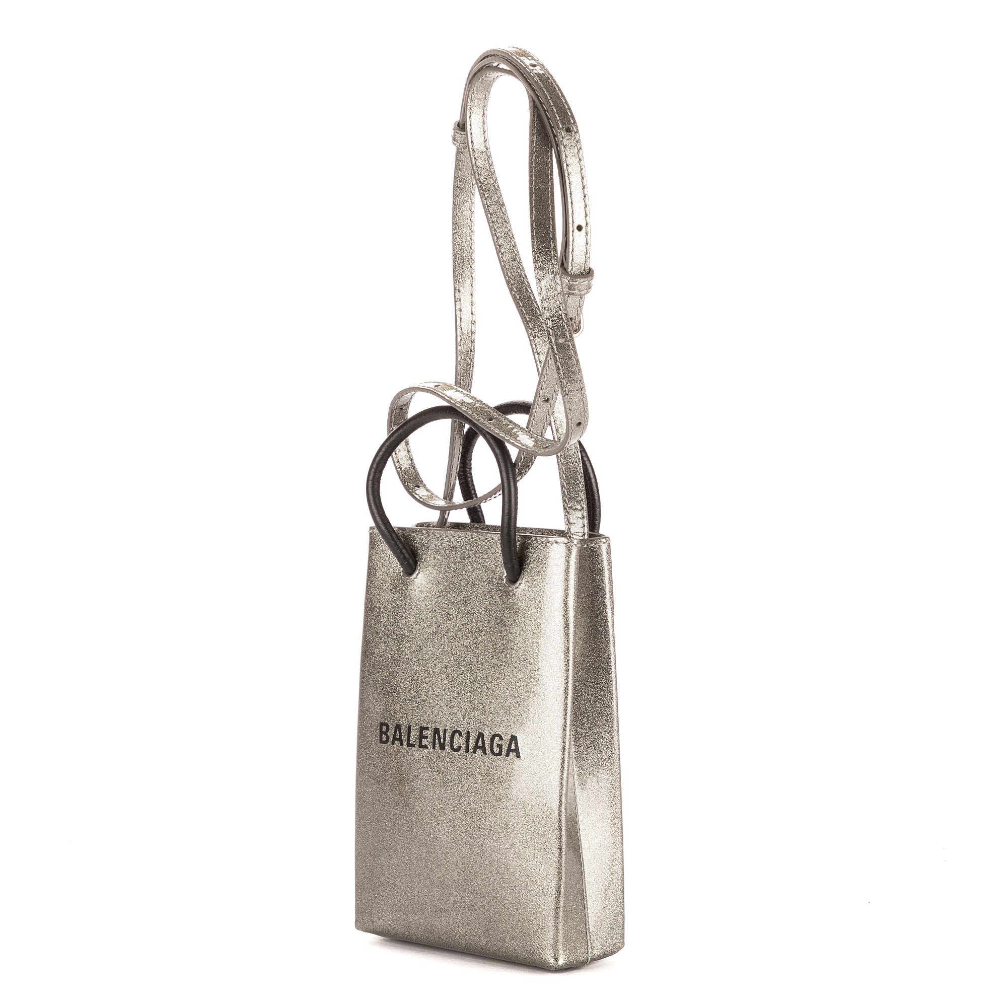Sac shopping bandoulière format vertical porte-téléphone gris en cuir verni pailleté
