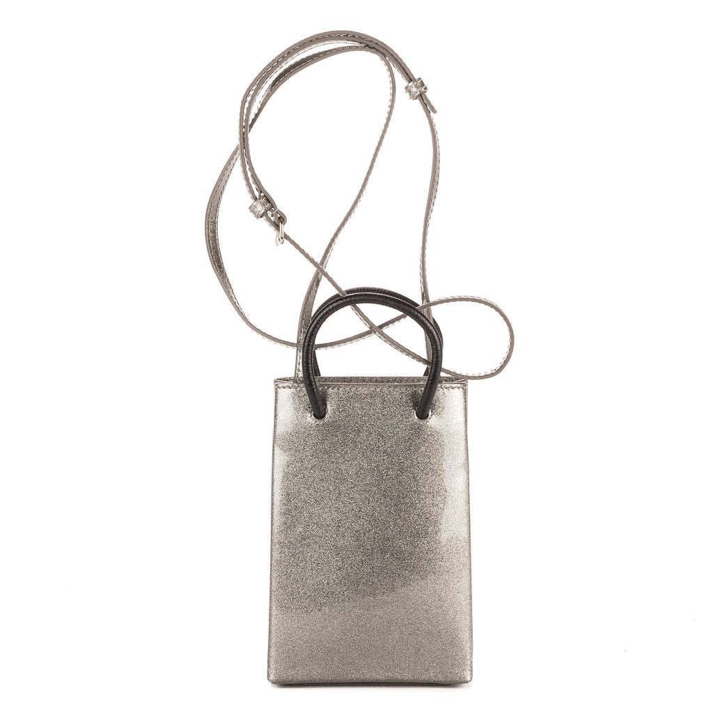 Sac shopping bandoulière format vertical porte-téléphone gris en cuir verni pailleté