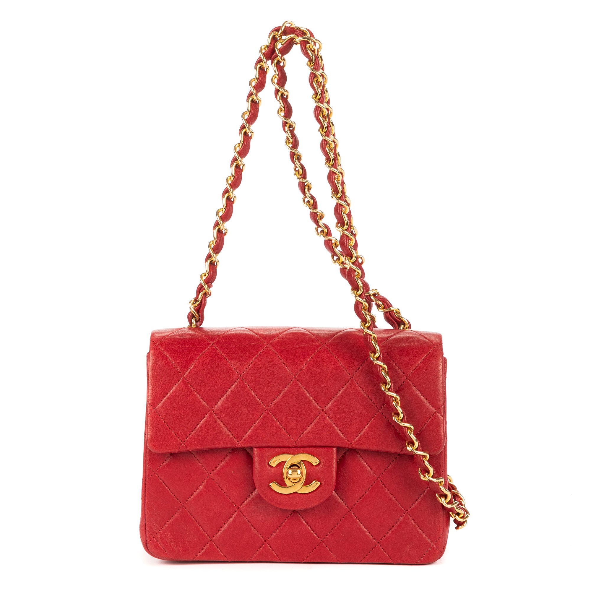 Bolso de hombro atemporal mini piel acolchada lisa roja