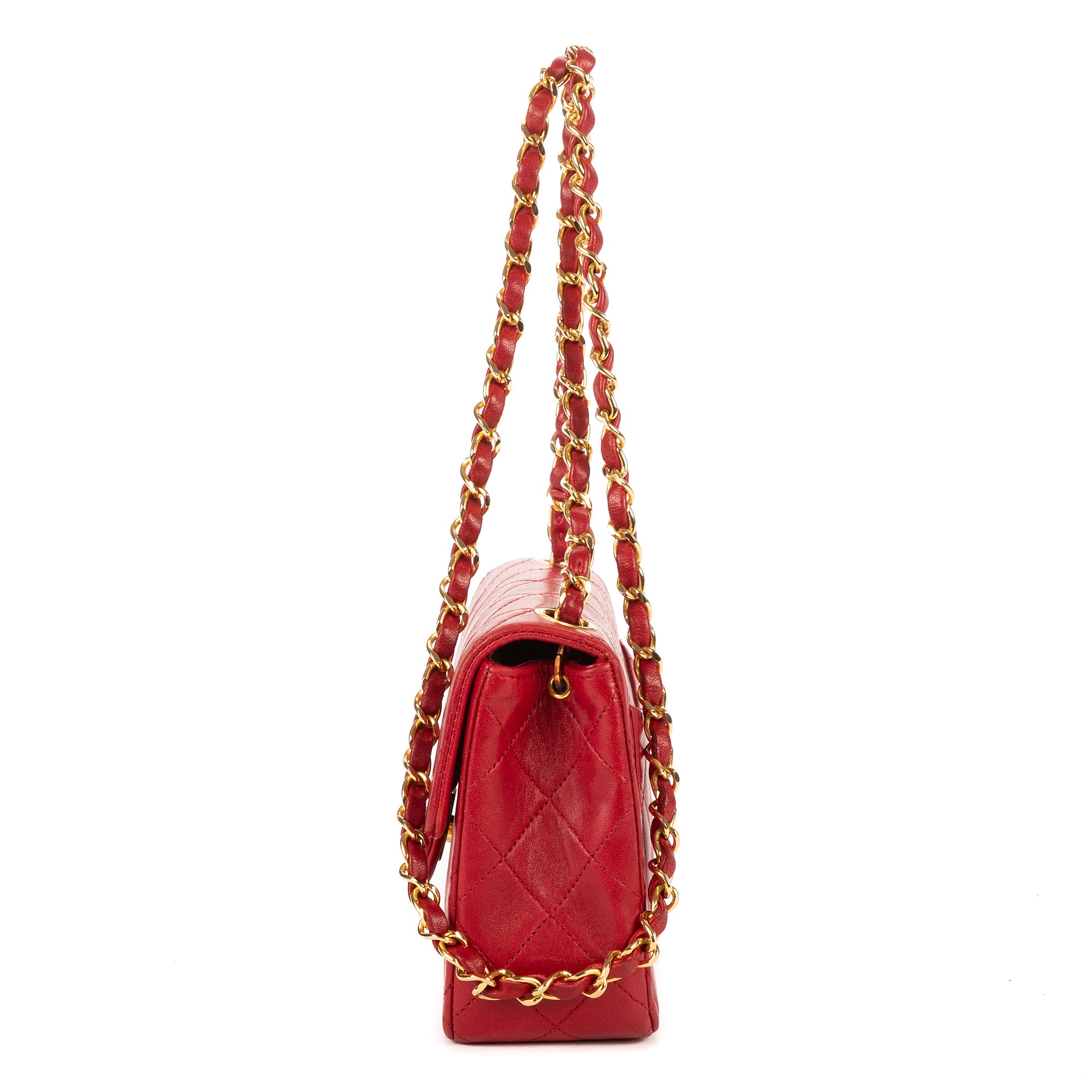 Bolso de hombro atemporal mini piel acolchada lisa roja