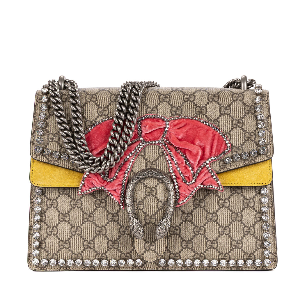 Shoulder Bag Crystal Bow GG Supreme Dionysus Medium Beige Prominent Crystal- Embroidered Velvet Bow Canvas with Yellow Suede