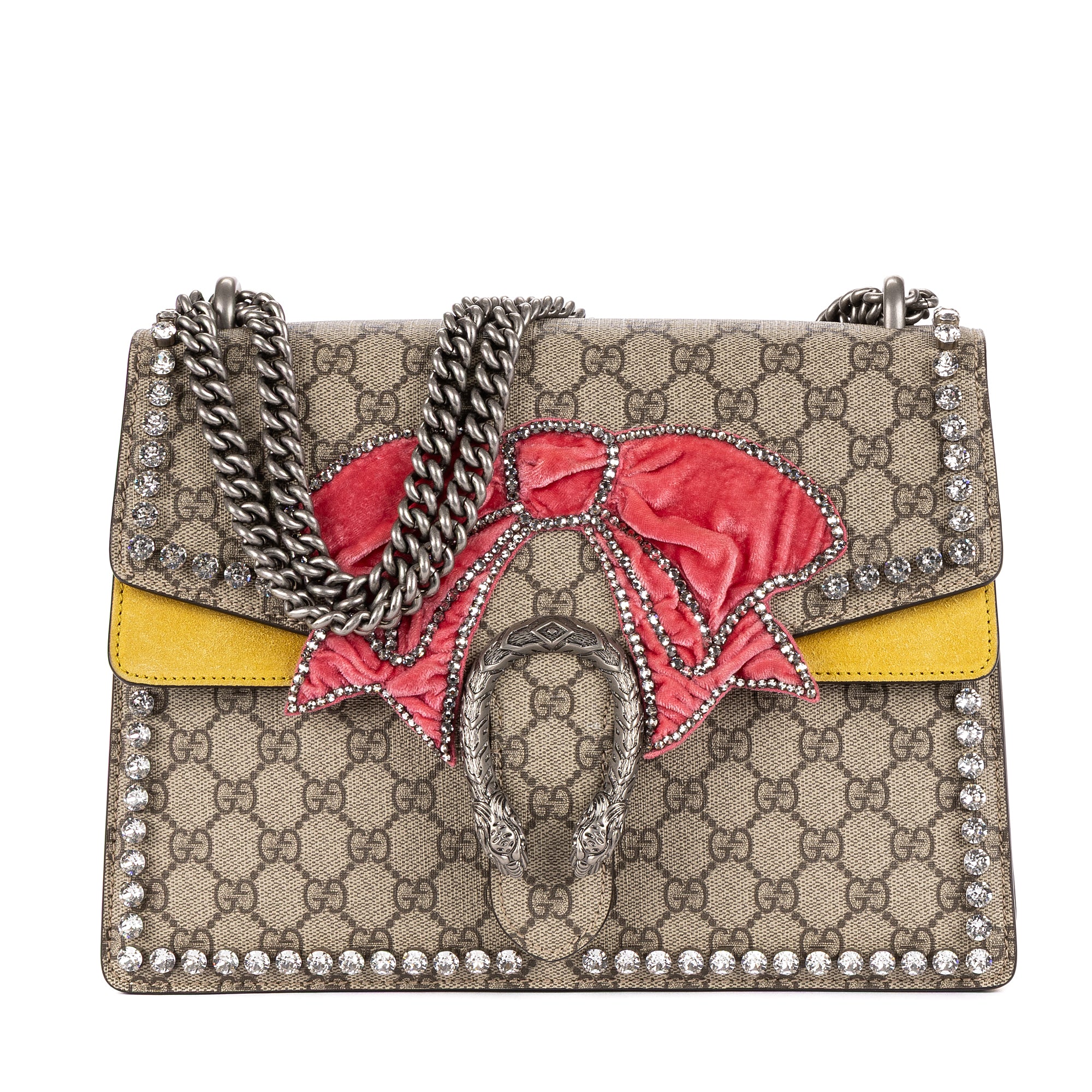 Shoulder Bag Crystal Bow GG Supreme Dionysus Medium Beige Prominent Crystal- Embroidered Velvet Bow Canvas with Yellow Suede