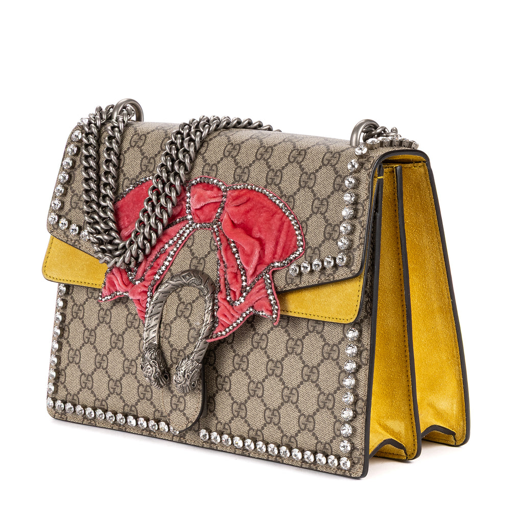 Shoulder Bag Crystal Bow GG Supreme Dionysus Medium Beige Prominent Crystal- Embroidered Velvet Bow Canvas with Yellow Suede
