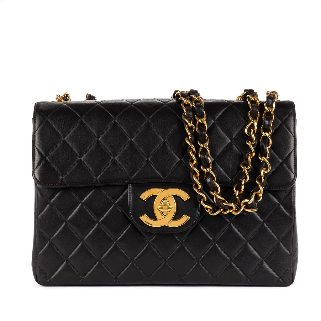 Bolso de Hombro Vintage Jumbo Negro Piel Lisa Acolchada