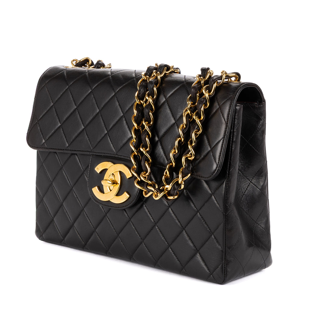 Bolso de Hombro Vintage Jumbo Negro Piel Lisa Acolchada
