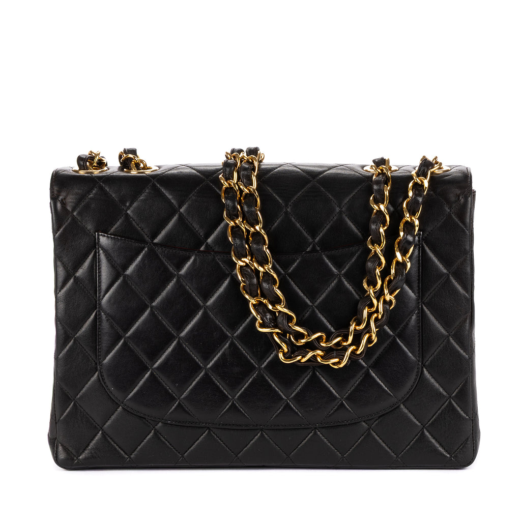 Bolso de Hombro Vintage Jumbo Negro Piel Lisa Acolchada