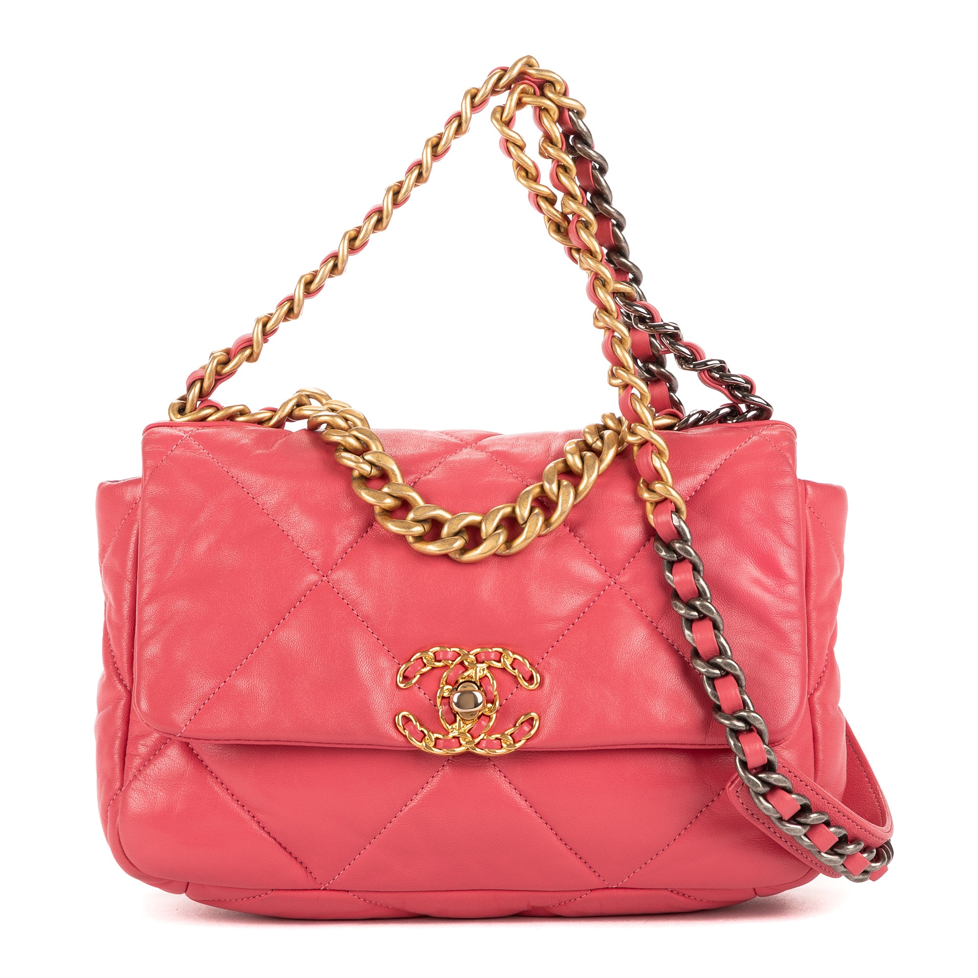 Bolso de Hombro Clásico 19 con Solapa Pequeño de Piel de Cordero Acolchada Rosa
