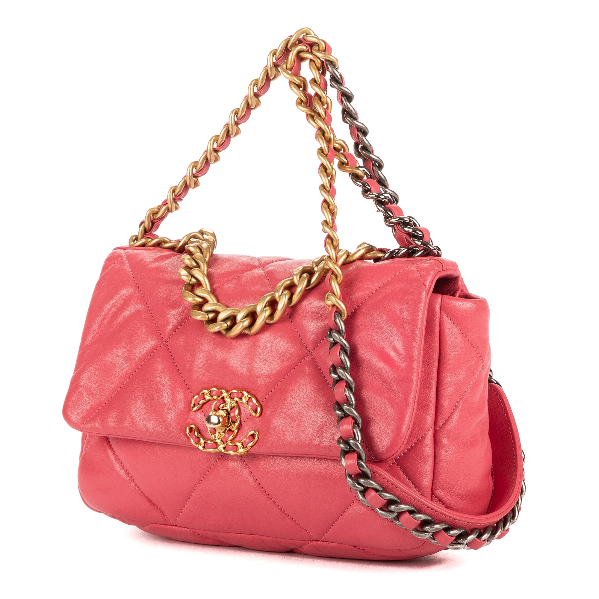 Bolso de Hombro Clásico 19 con Solapa Pequeño de Piel de Cordero Acolchada Rosa