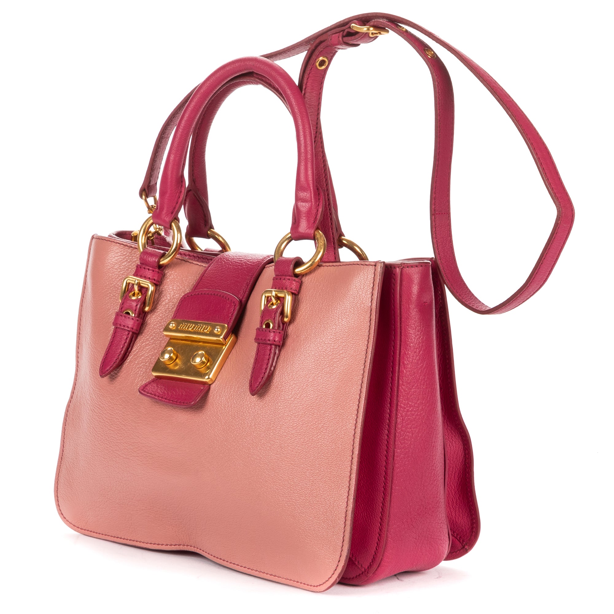 Shoulder Bag Two color Pushlock Tote Pink Madras Leather