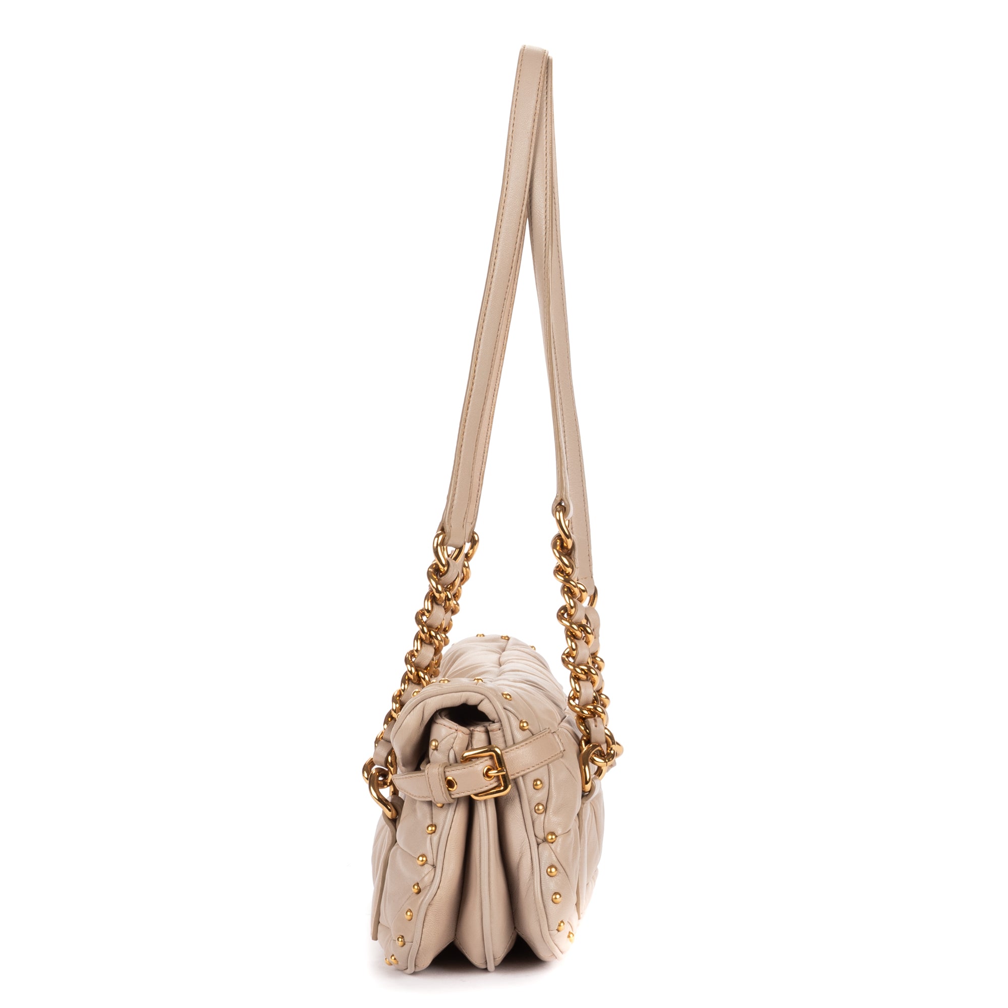 Shoulder Bag Turn Lock Studded Flap Beige Nappa Matelasse Studded Leather