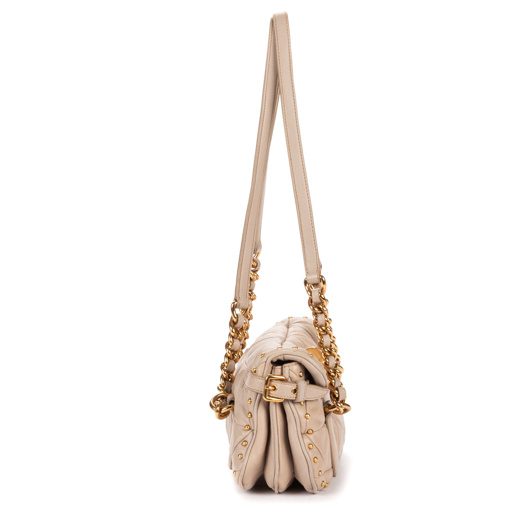 Shoulder Bag Turn Lock Studded Flap Beige Nappa Matelasse Studded Leather