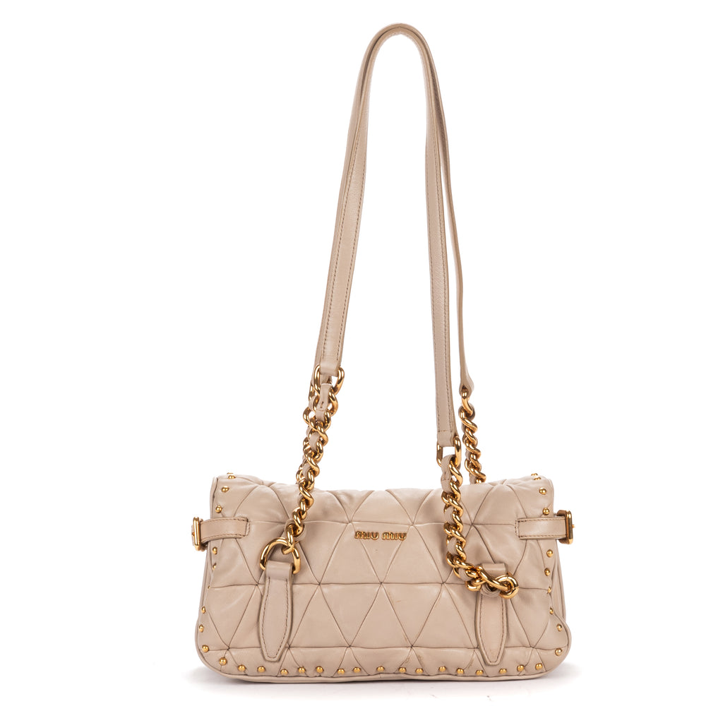 Shoulder Bag Turn Lock Studded Flap Beige Nappa Matelasse Studded Leather