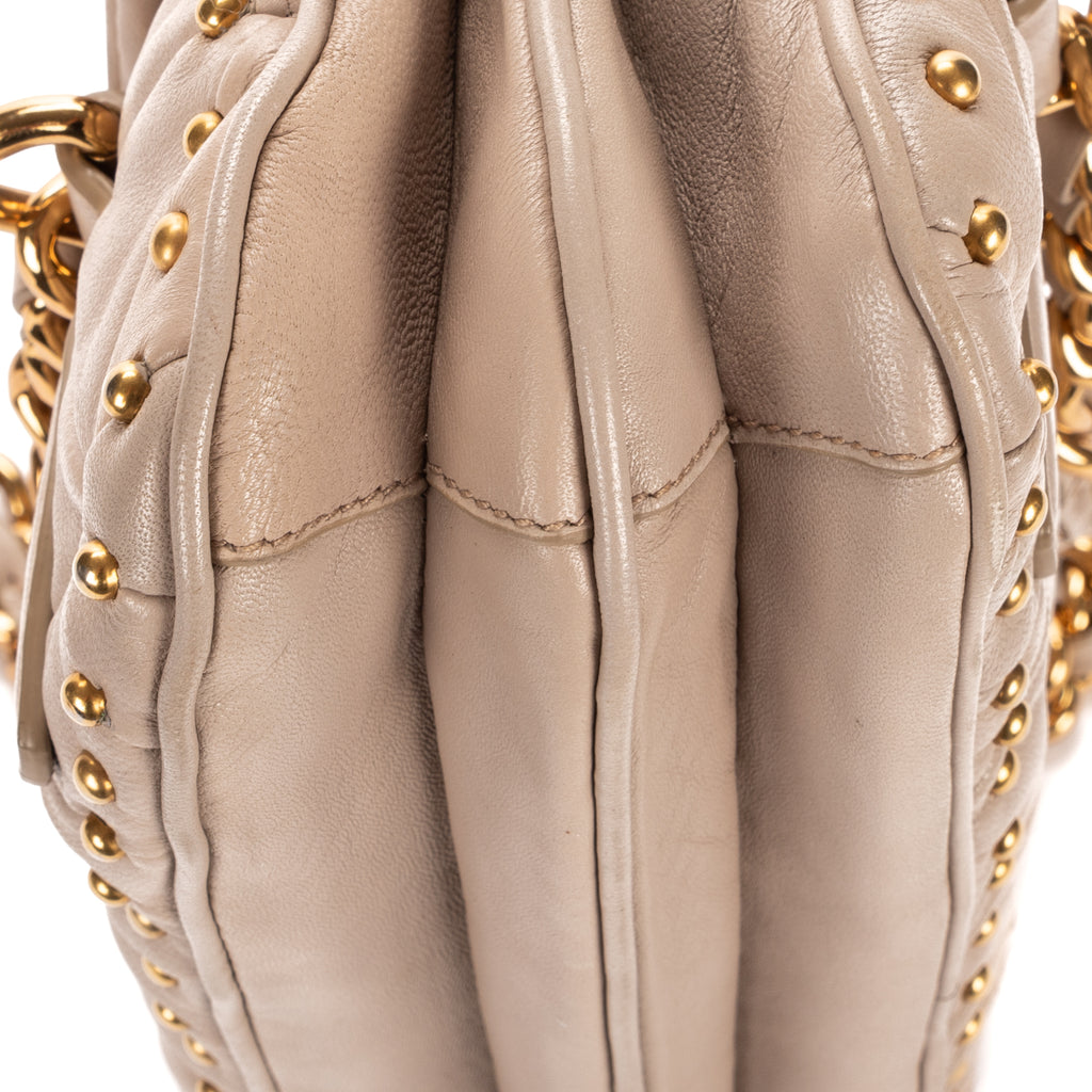 Shoulder Bag Turn Lock Studded Flap Beige Nappa Matelasse Studded Leather