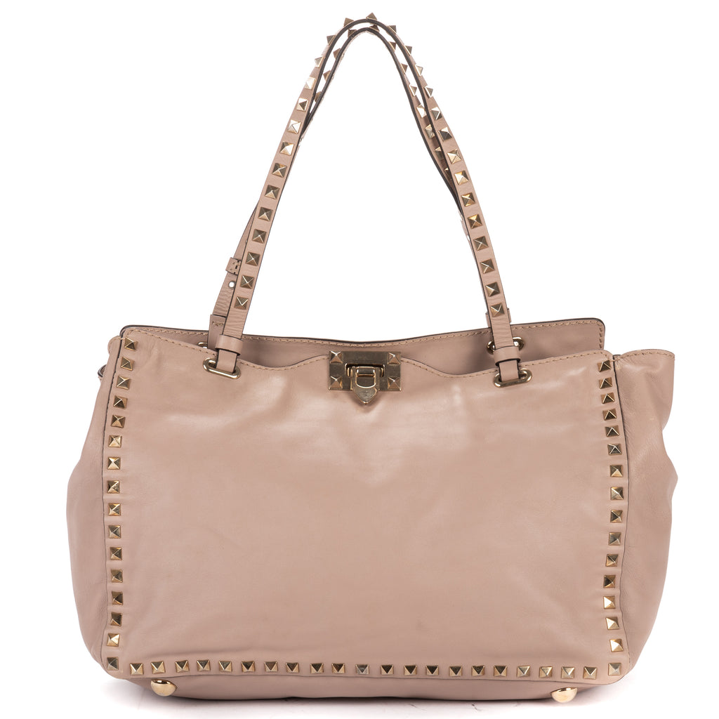 Bolso de mano Rockstud Tote Cuero de becerro tachonado rosa claro