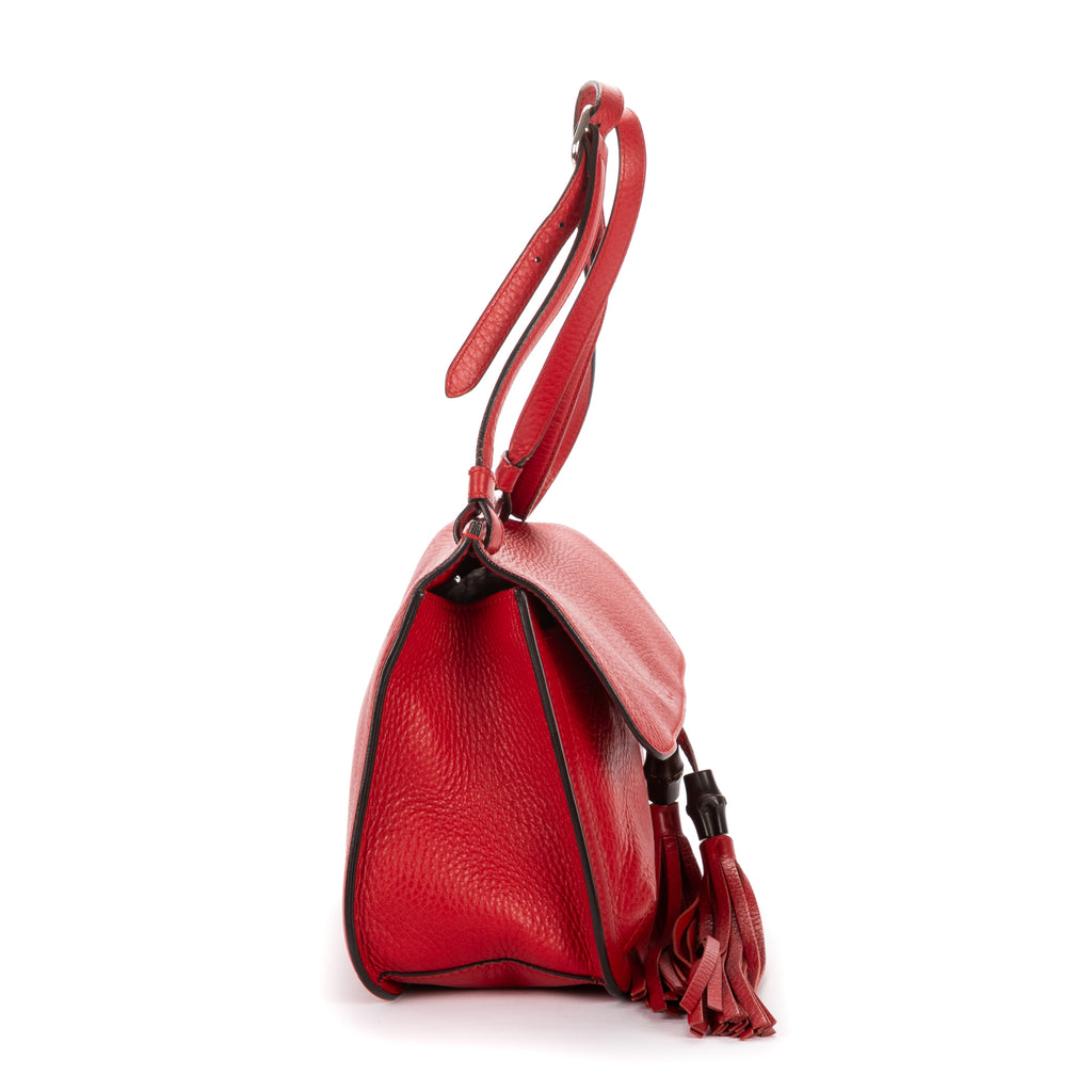 Shoulder Bag Bamboo Tassel Daily Flap Red Grained Calfskin Leather