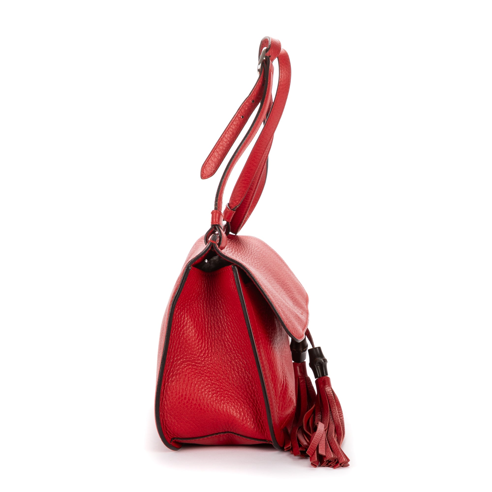 Shoulder Bag Bamboo Tassel Daily Flap Red Grained Calfskin Leather