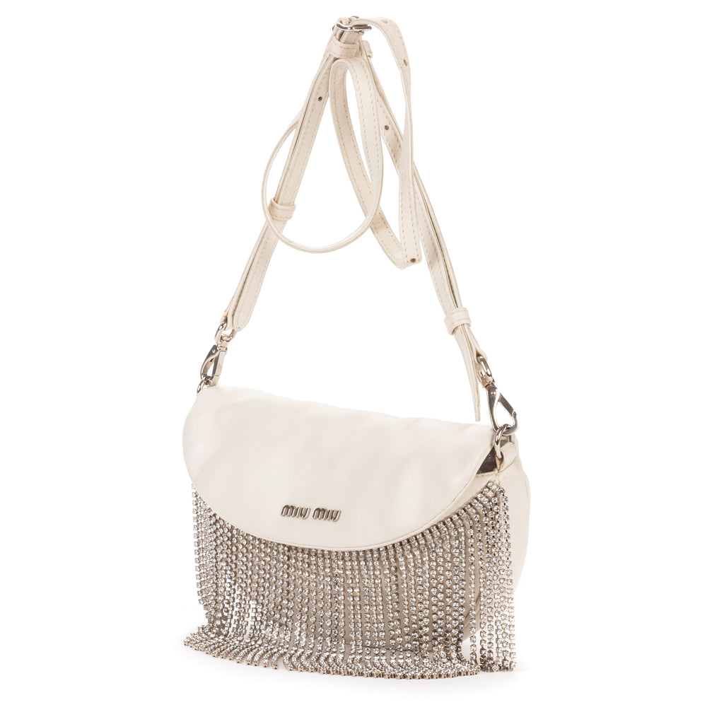 Shoulder Bag Crystal Fringed Crossbody Ivory Calfskin Leather