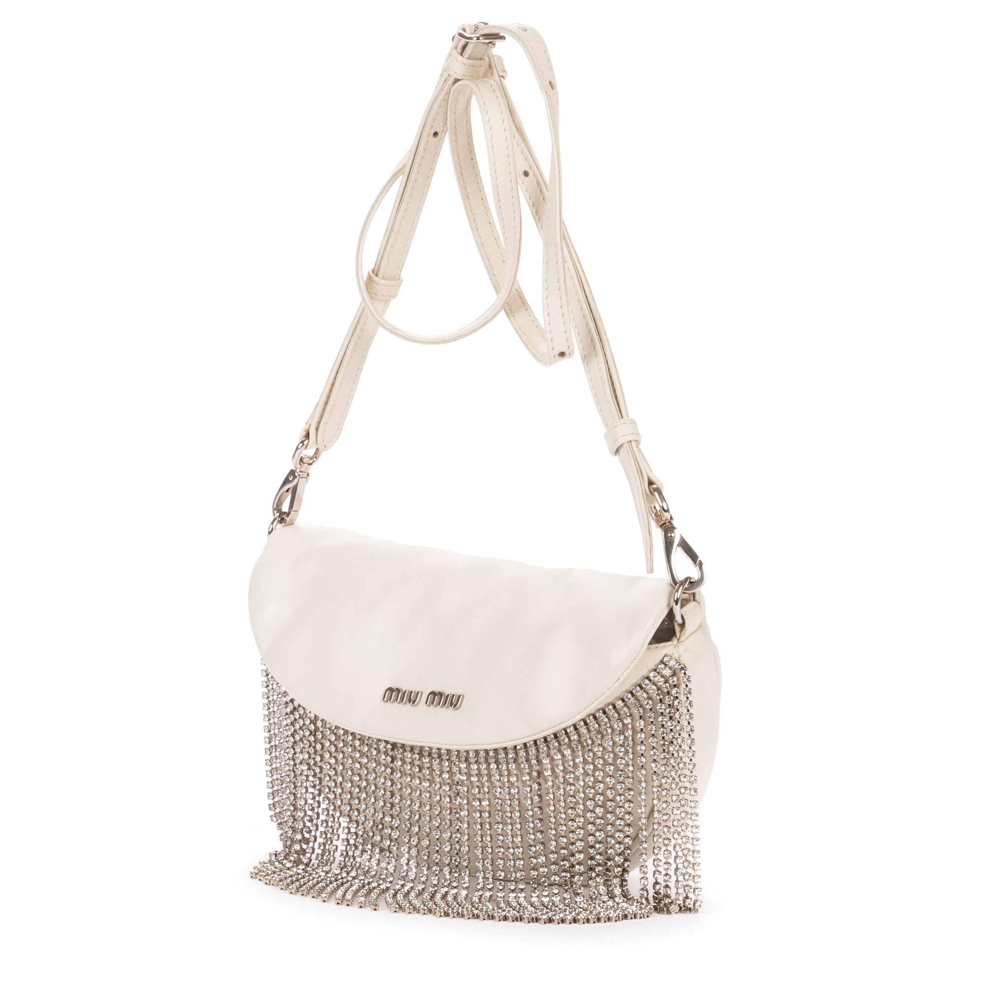 Shoulder Bag Crystal Fringed Crossbody Ivory Calfskin Leather
