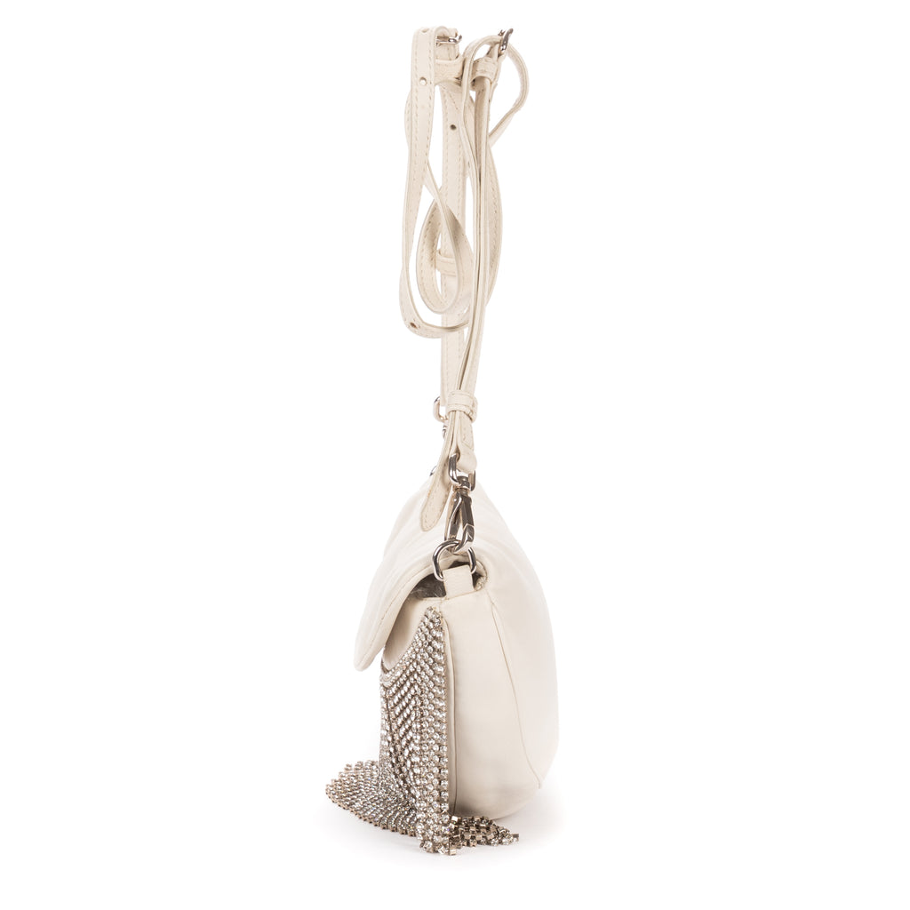 Shoulder Bag Crystal Fringed Crossbody Ivory Calfskin Leather