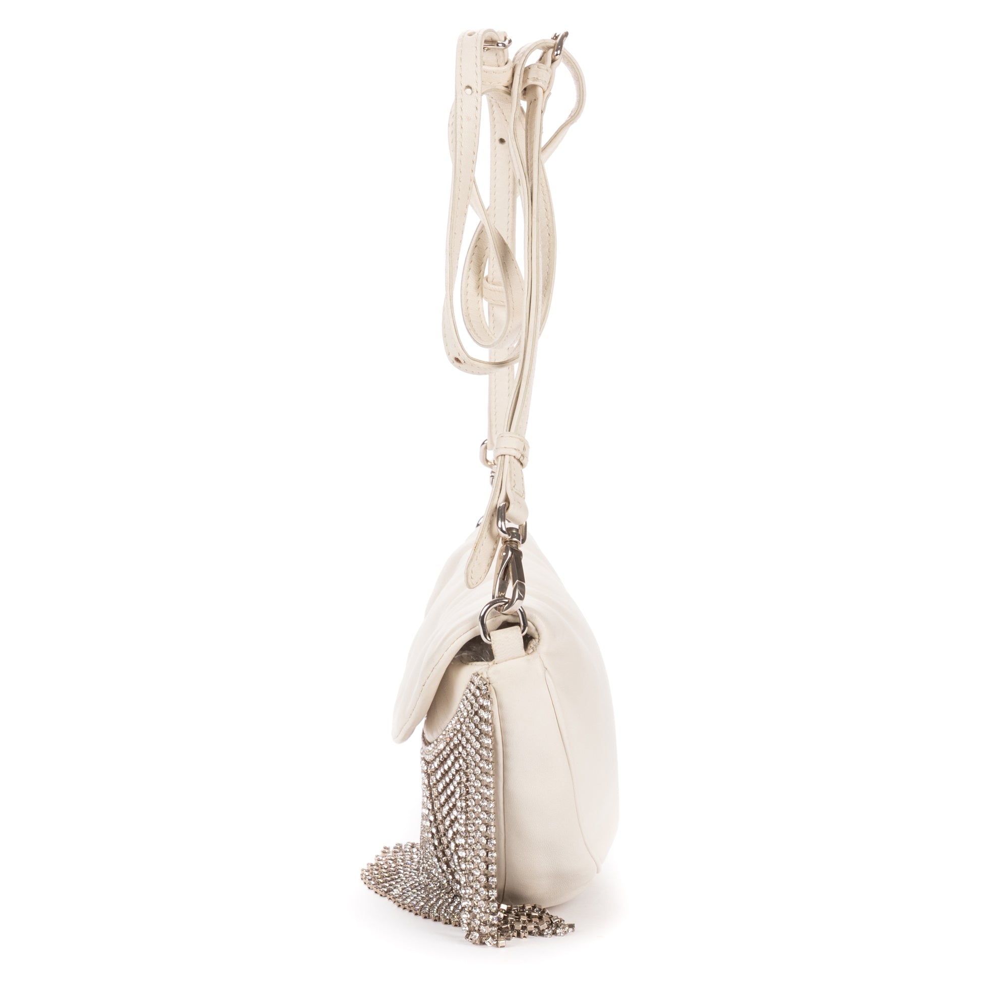 Shoulder Bag Crystal Fringed Crossbody Ivory Calfskin Leather