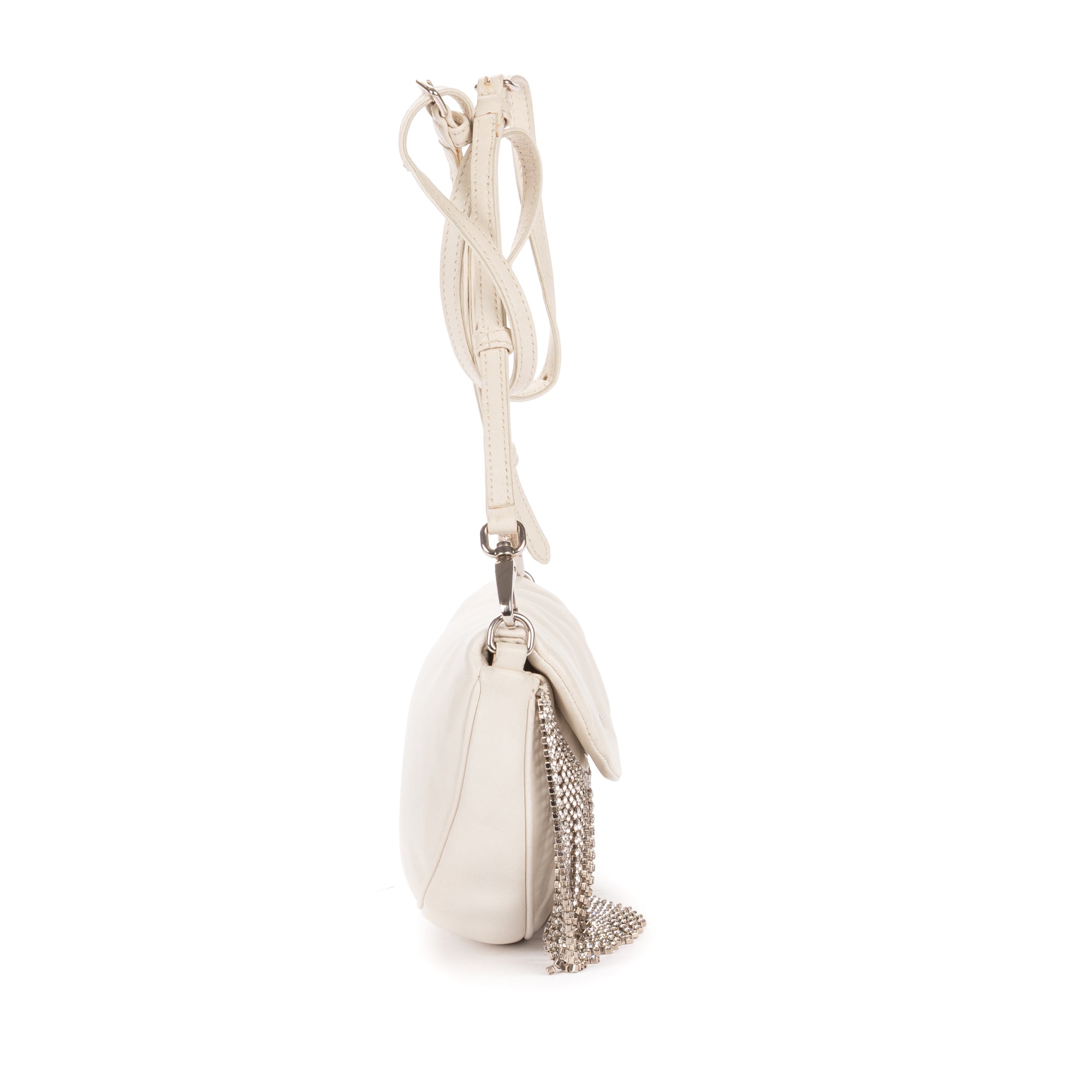 Shoulder Bag Crystal Fringed Crossbody Ivory Calfskin Leather