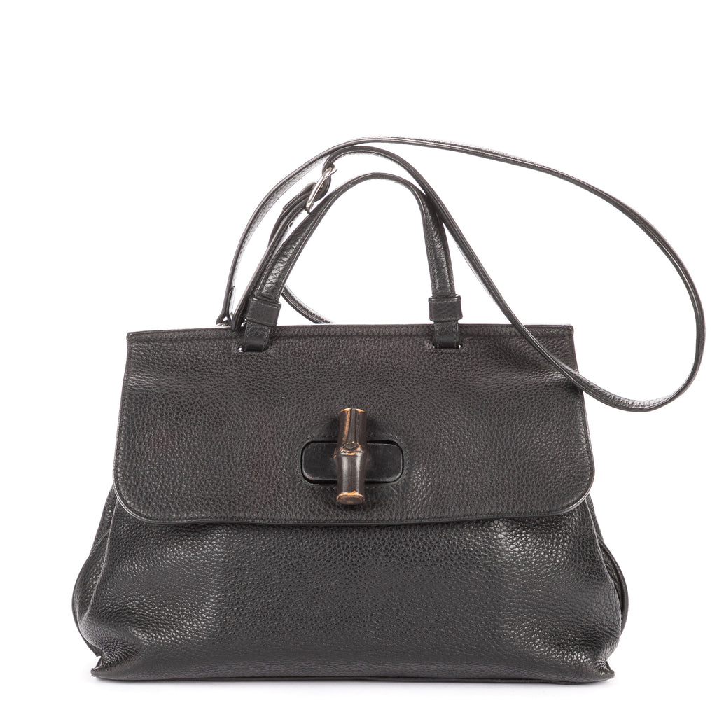 Shoulder Bag Medium Bamboo Daily Top Handle Black Grained Calfskin Leather