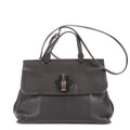 Shoulder Bag Medium Bamboo Daily Top Handle Black Grained Calfskin Leather