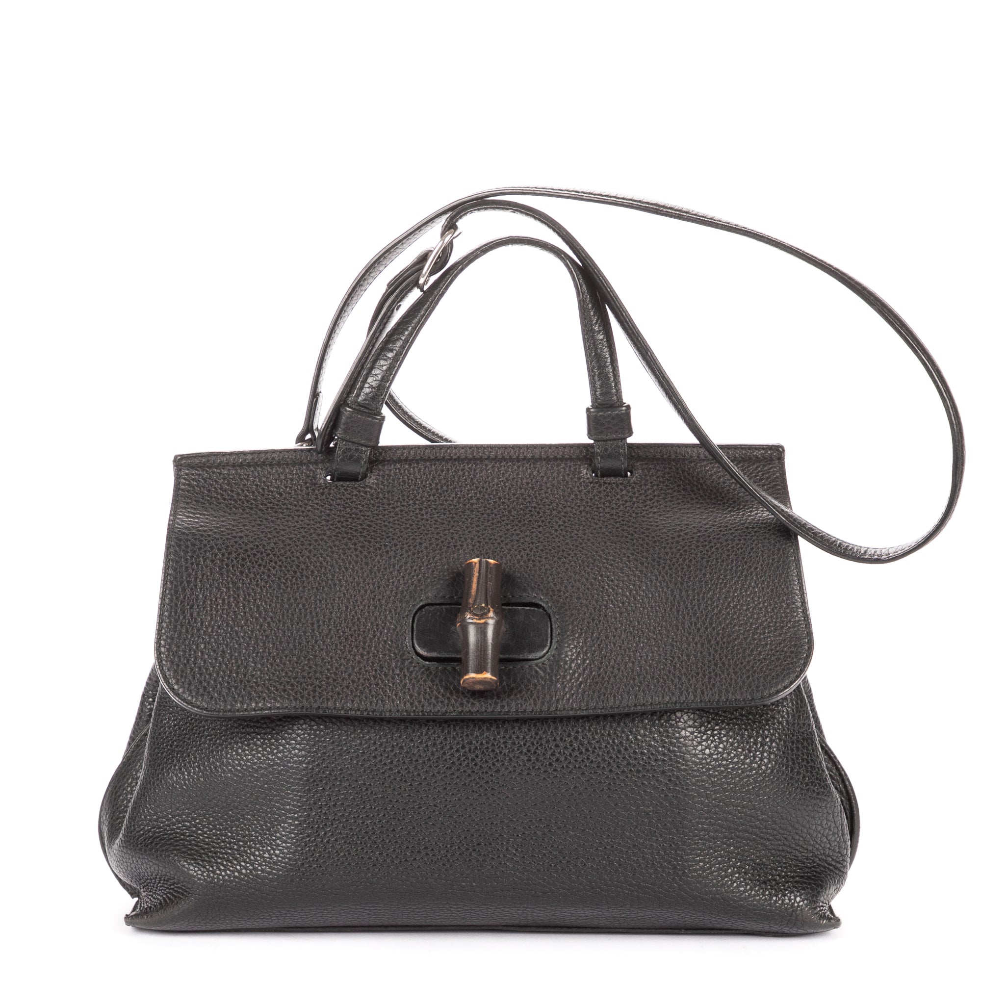 Shoulder Bag Medium Bamboo Daily Top Handle Black Grained Calfskin Leather