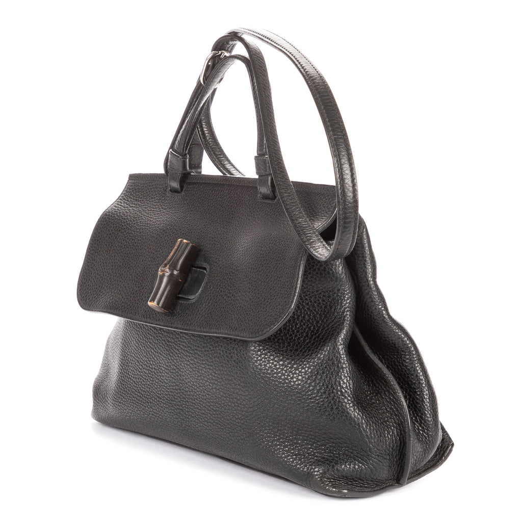 Shoulder Bag Medium Bamboo Daily Top Handle Black Grained Calfskin Leather