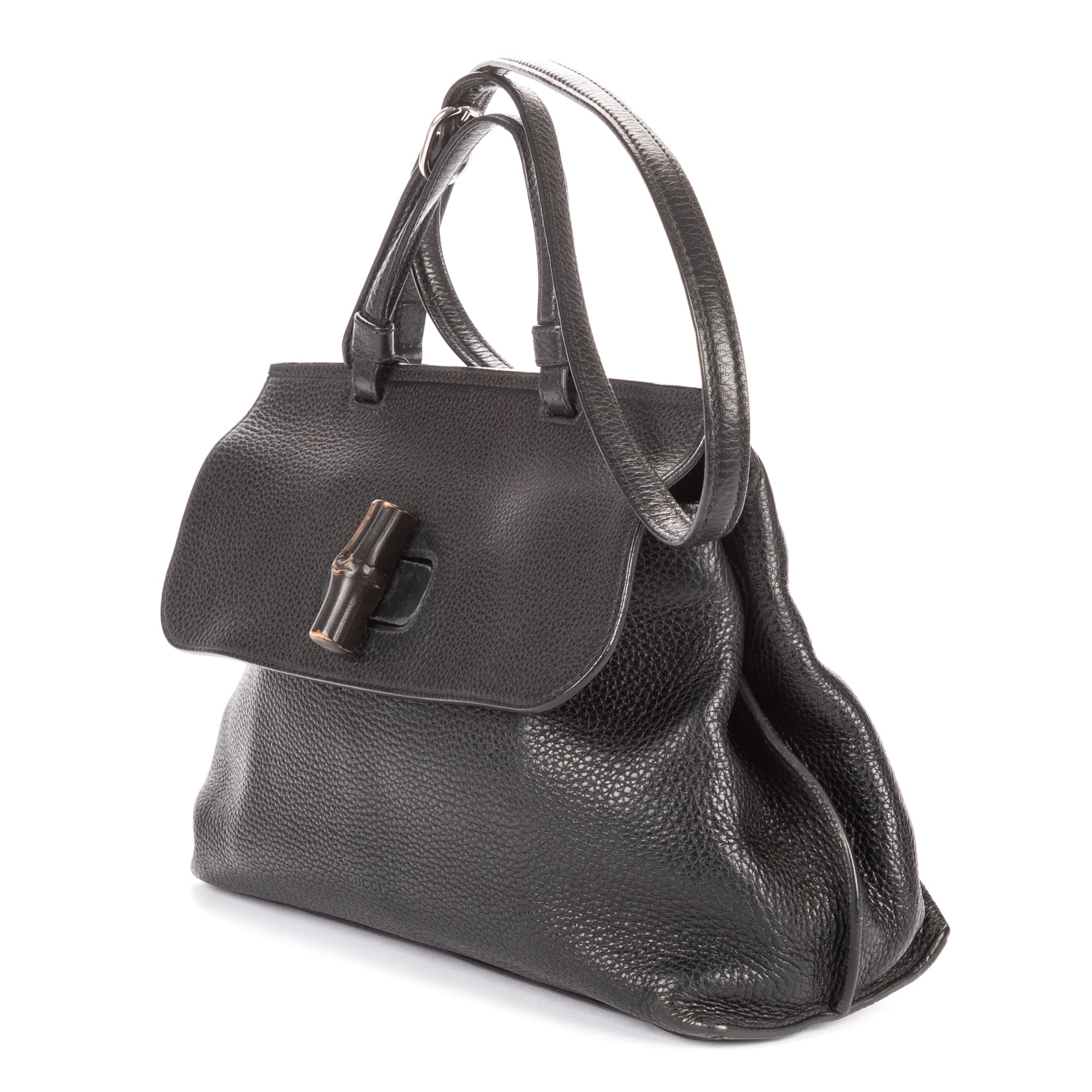 Shoulder Bag Medium Bamboo Daily Top Handle Black Grained Calfskin Leather