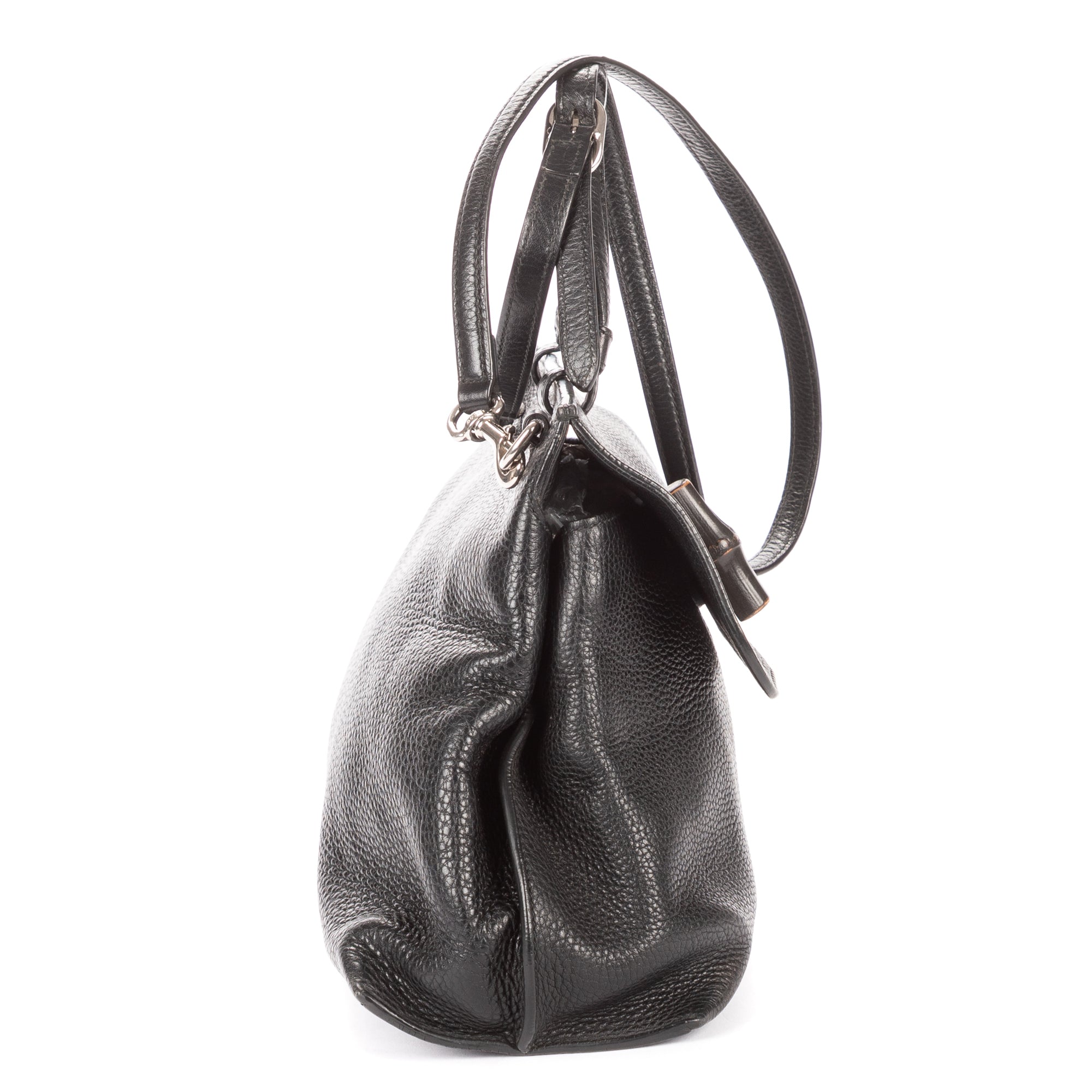 Bolso de Hombro Mediano Bambú Diario Asa Superior Piel de Becerro Granulada Negra
