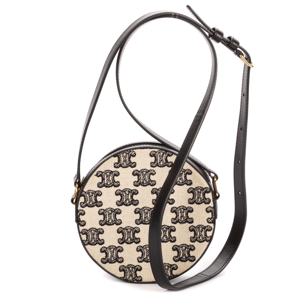 Shoulder Bag Round Purse Crossbody Black Triomphe Embroidery Canvas