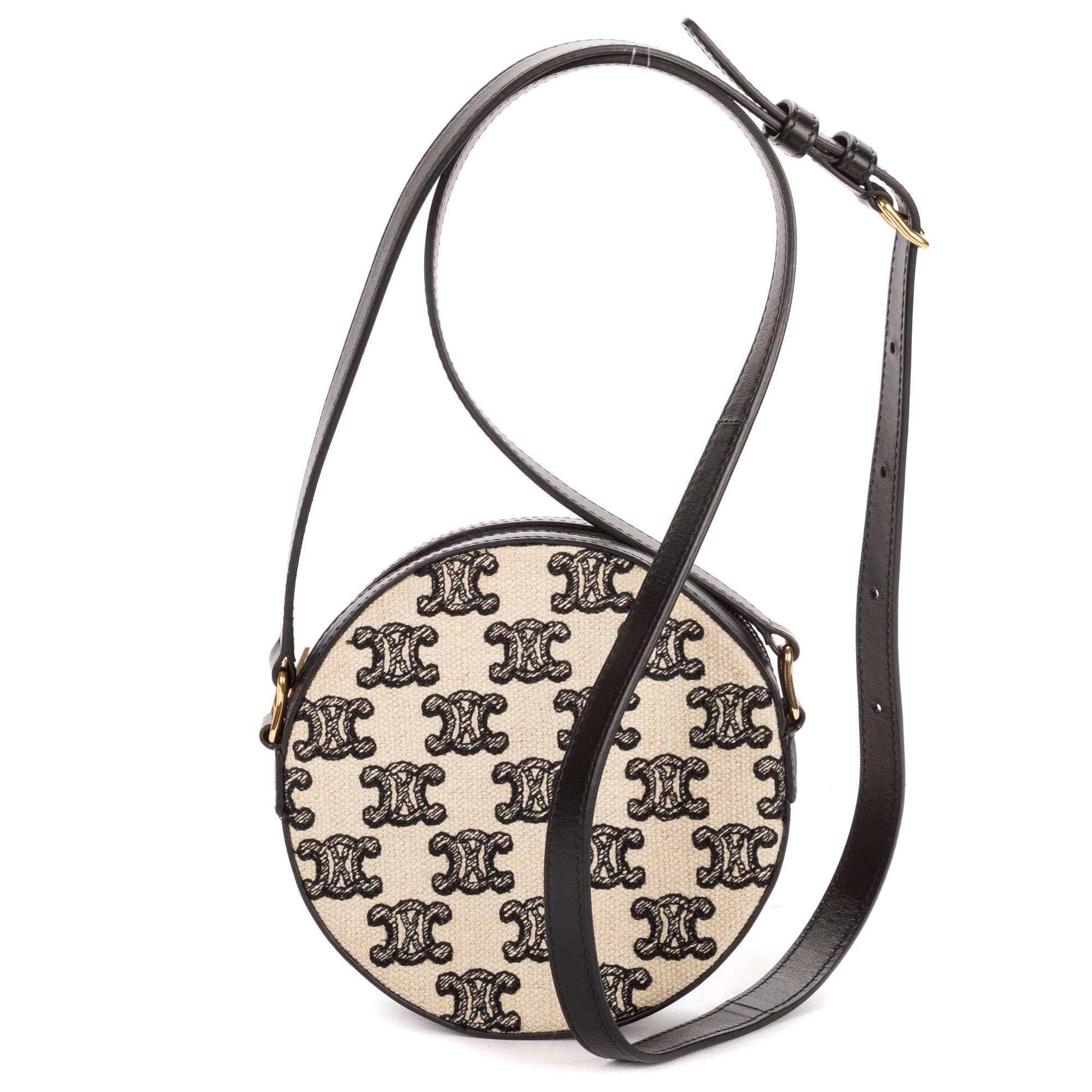 Shoulder Bag Round Purse Crossbody Black Triomphe Embroidery Canvas