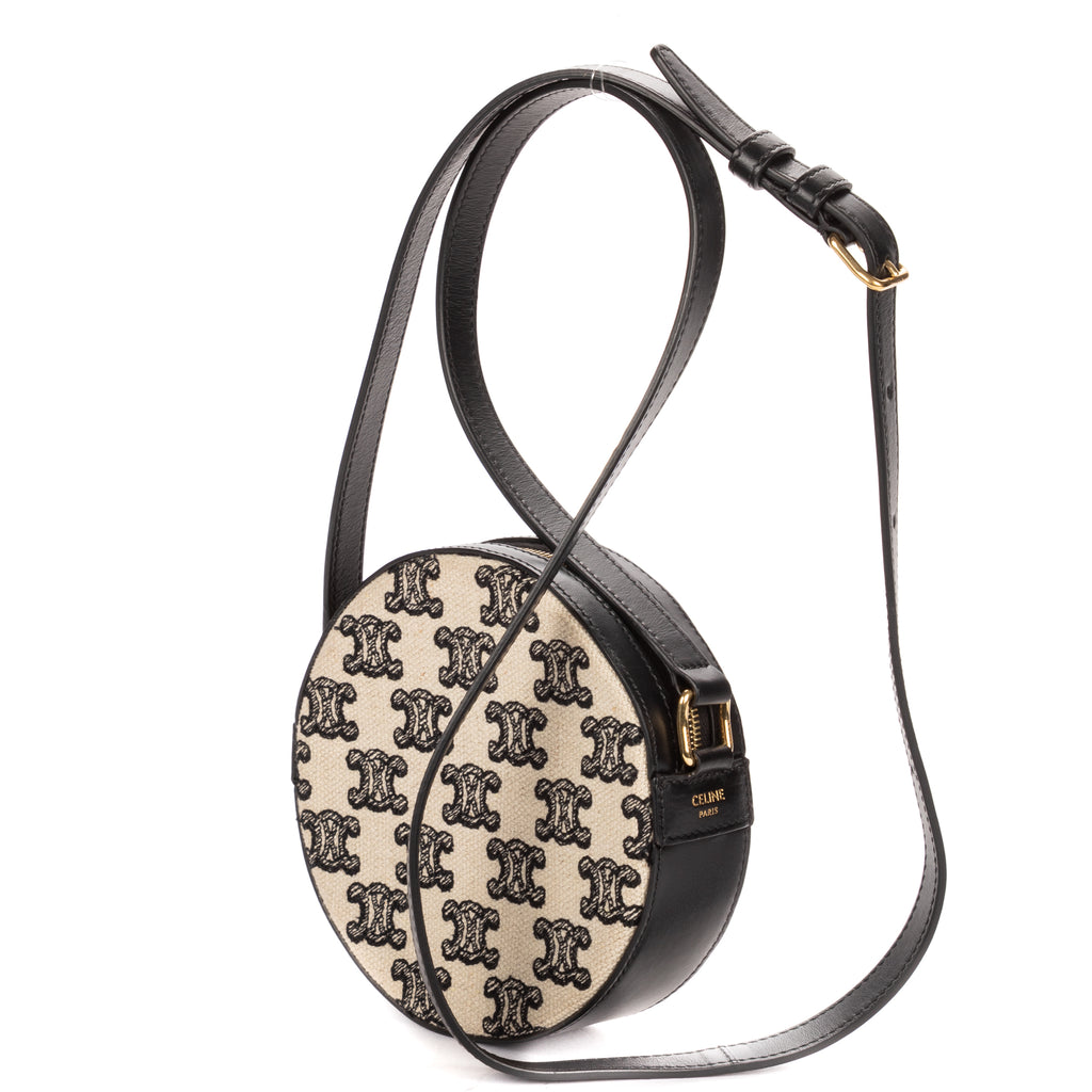 Shoulder Bag Round Purse Crossbody Black Triomphe Embroidery Canvas