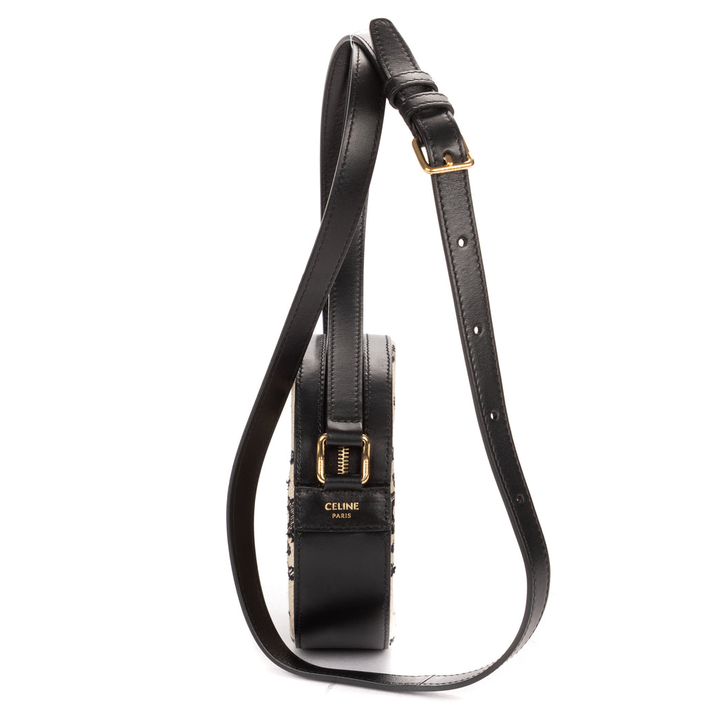 Shoulder Bag Round Purse Crossbody Black Triomphe Embroidery Canvas