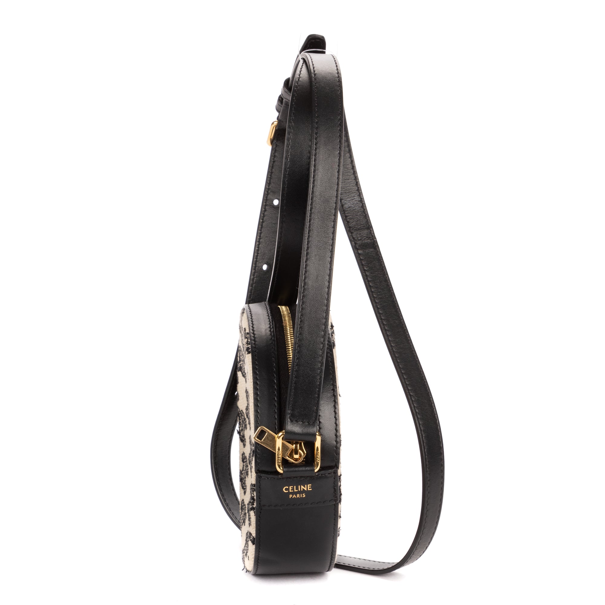 Shoulder Bag Round Purse Crossbody Black Triomphe Embroidery Canvas