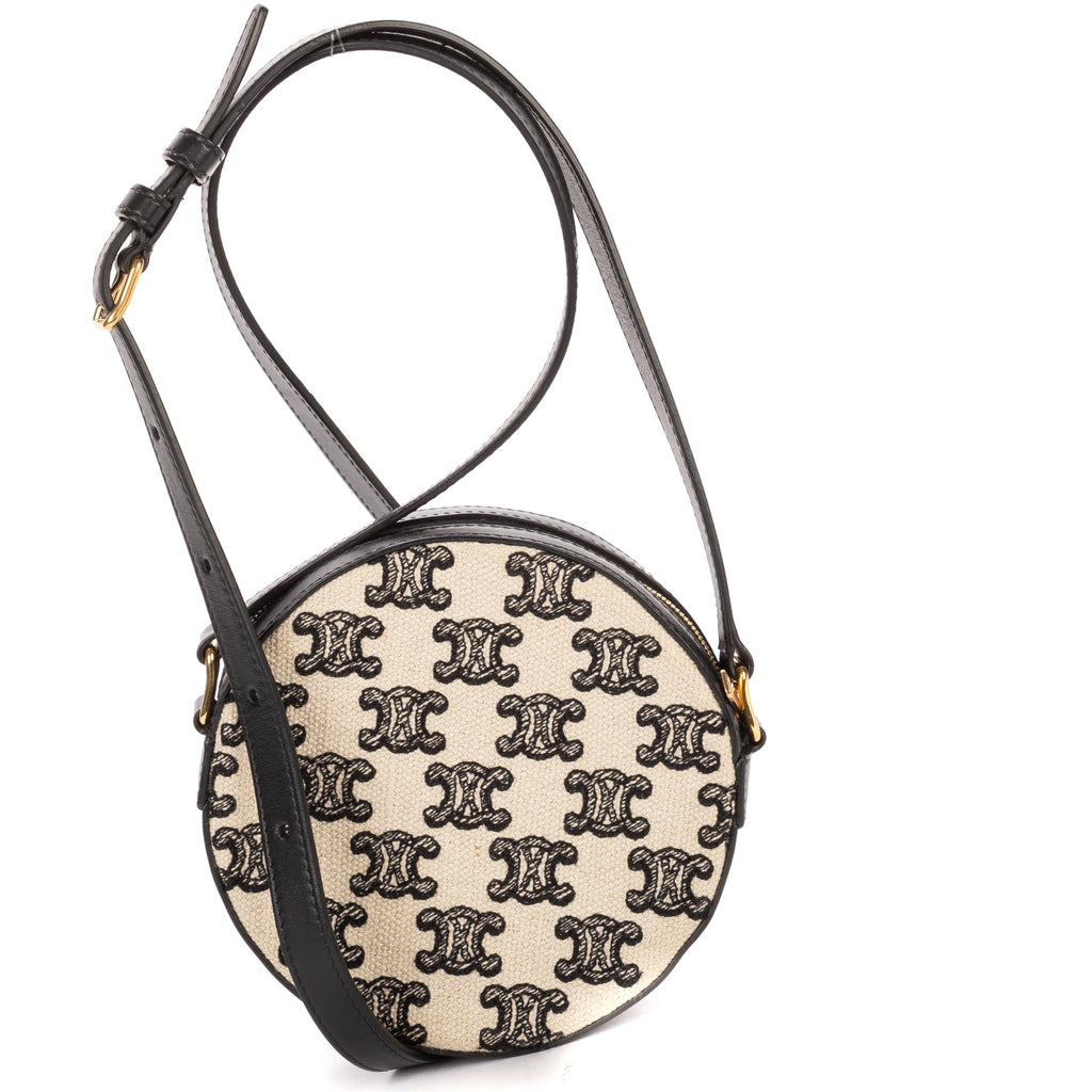 Shoulder Bag Round Purse Crossbody Black Triomphe Embroidery Canvas