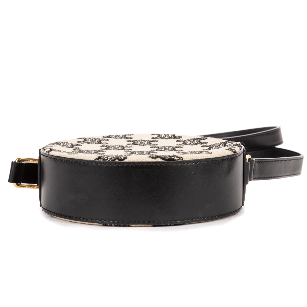Shoulder Bag Round Purse Crossbody Black Triomphe Embroidery Canvas