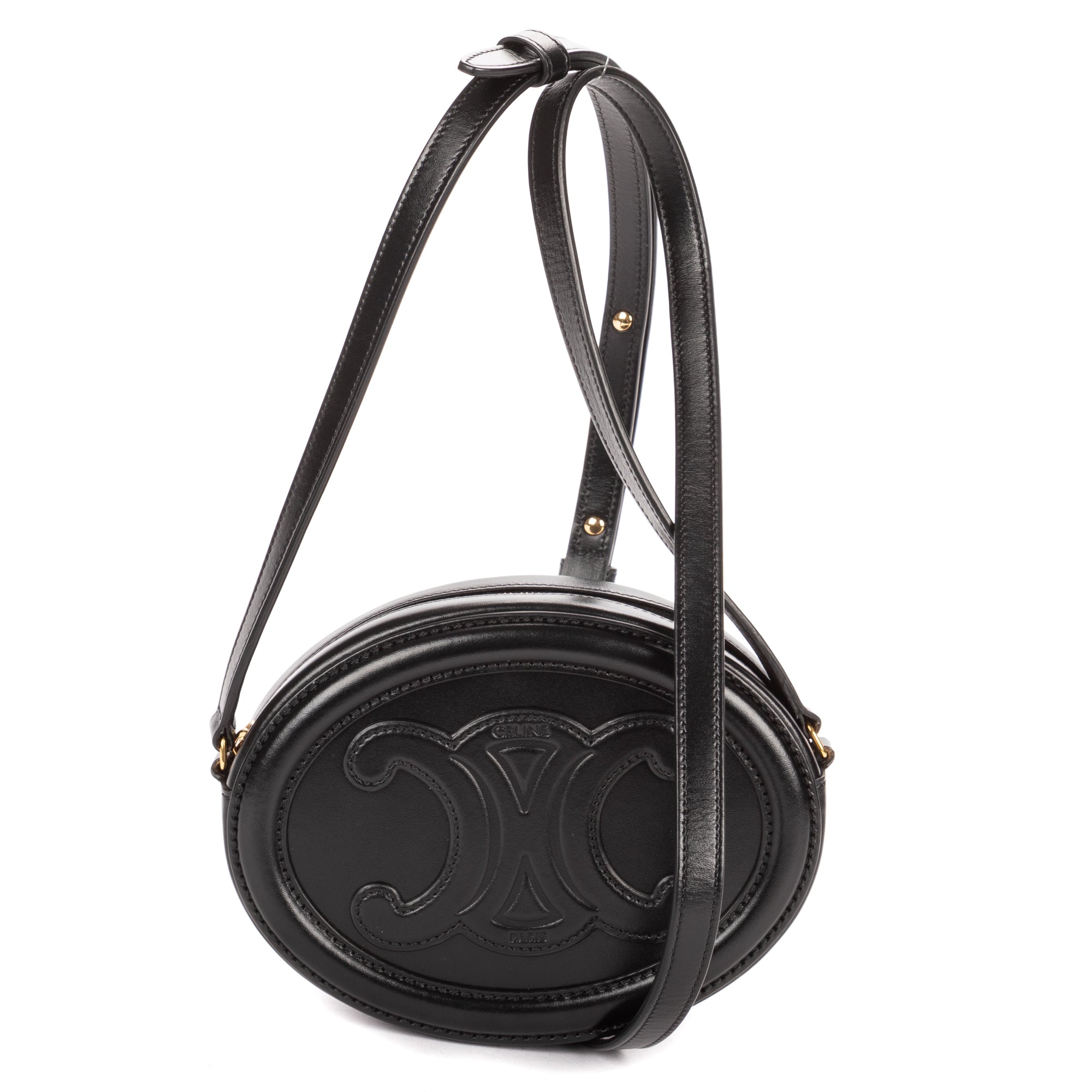Shoulder Bag Oval Crossbody Black Smooth Calfskin Leather