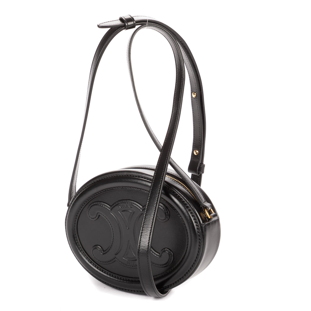 Shoulder Bag Oval Crossbody Black Smooth Calfskin Leather
