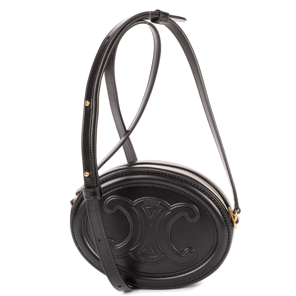 Shoulder Bag Oval Crossbody Black Smooth Calfskin Leather