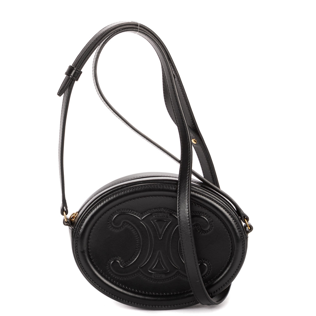 Shoulder Bag Oval Crossbody Black Smooth Calfskin Leather