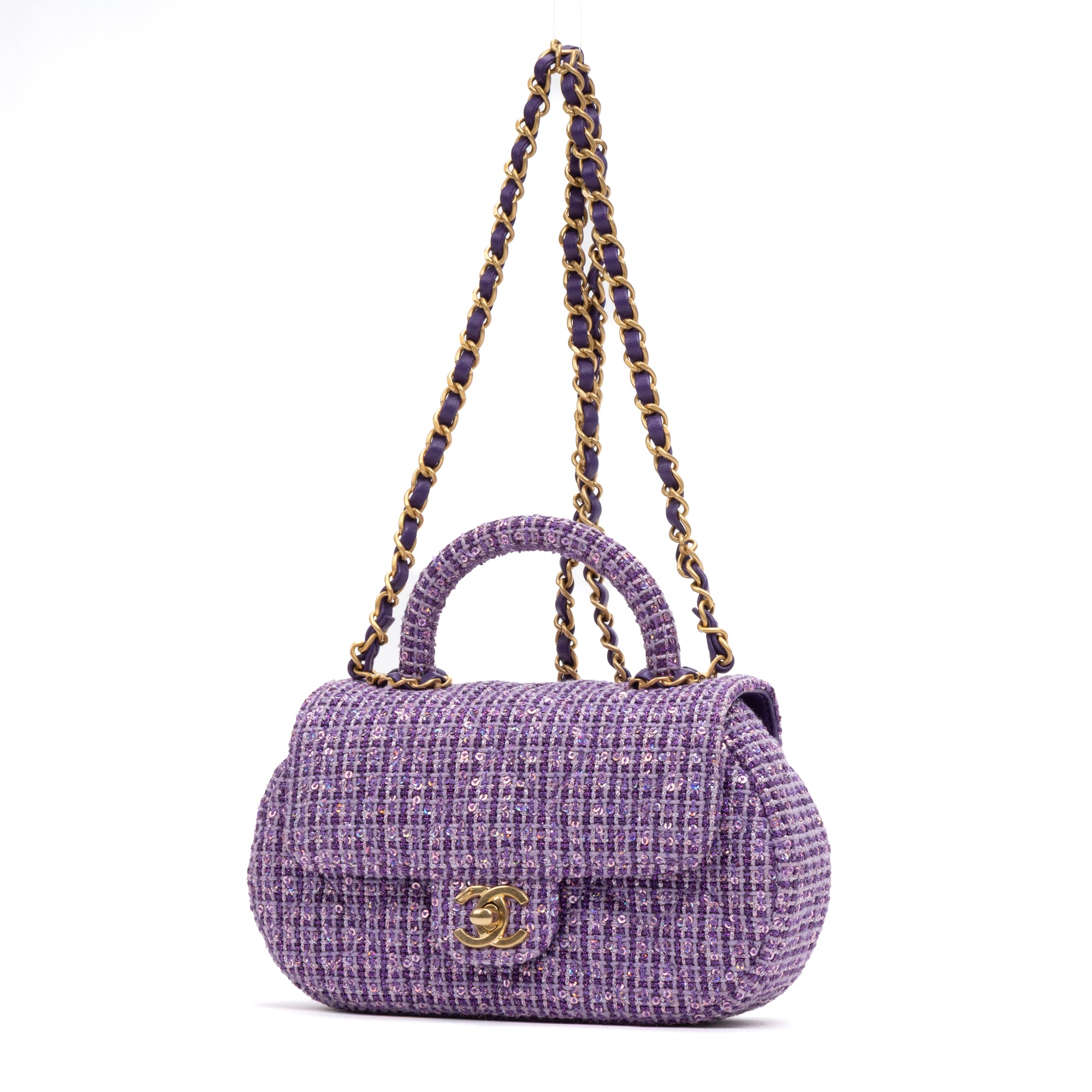 Shoulder Bag Rare Top Handle Tweed Flap Purple Tweed Sequin Canvas