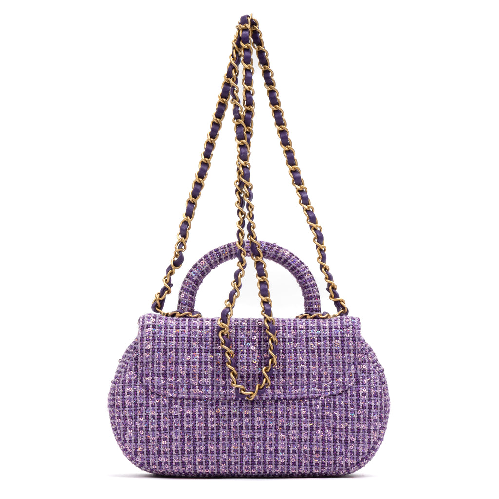 Shoulder Bag Rare Top Handle Tweed Flap Purple Tweed Sequin Canvas
