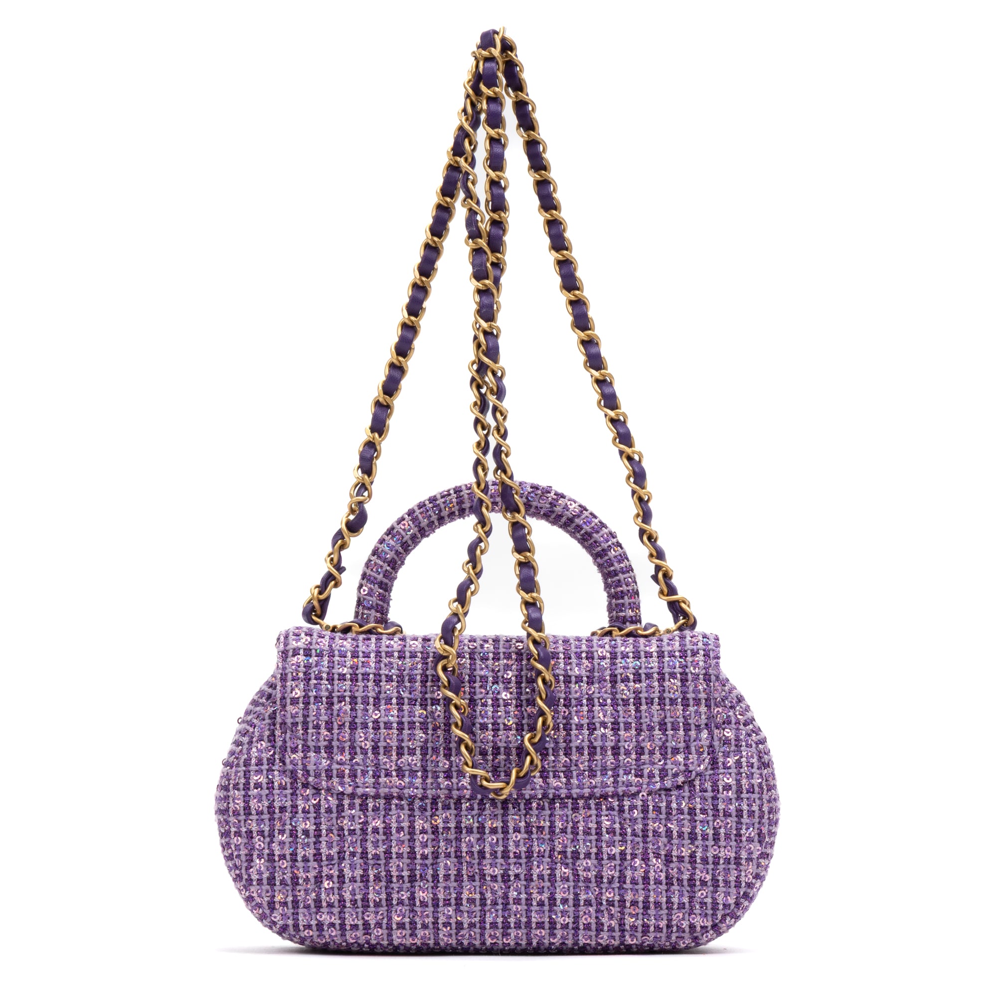 Shoulder Bag Rare Top Handle Tweed Flap Purple Tweed Sequin Canvas